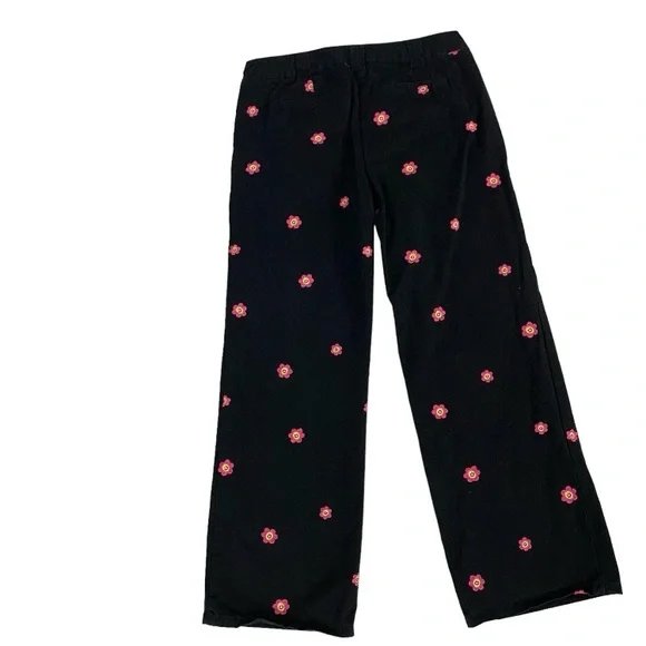 Cotton Wide-leg Leg Pants Embroidered Happy Face Flower Twill Party Pants BLK L - Picture 4 of 11
